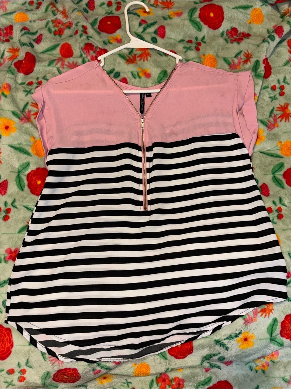 Absolute Angel Pink Yoke Black & White Striped Short Sleeve Tee